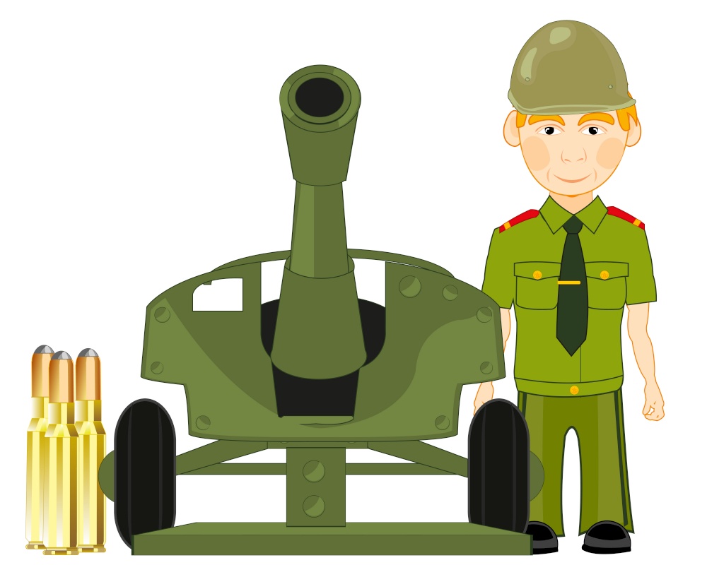 Vector illustration of the soldier of the artilleryman beside guns with amunition. Artellirist beside instruments on white background is insulated