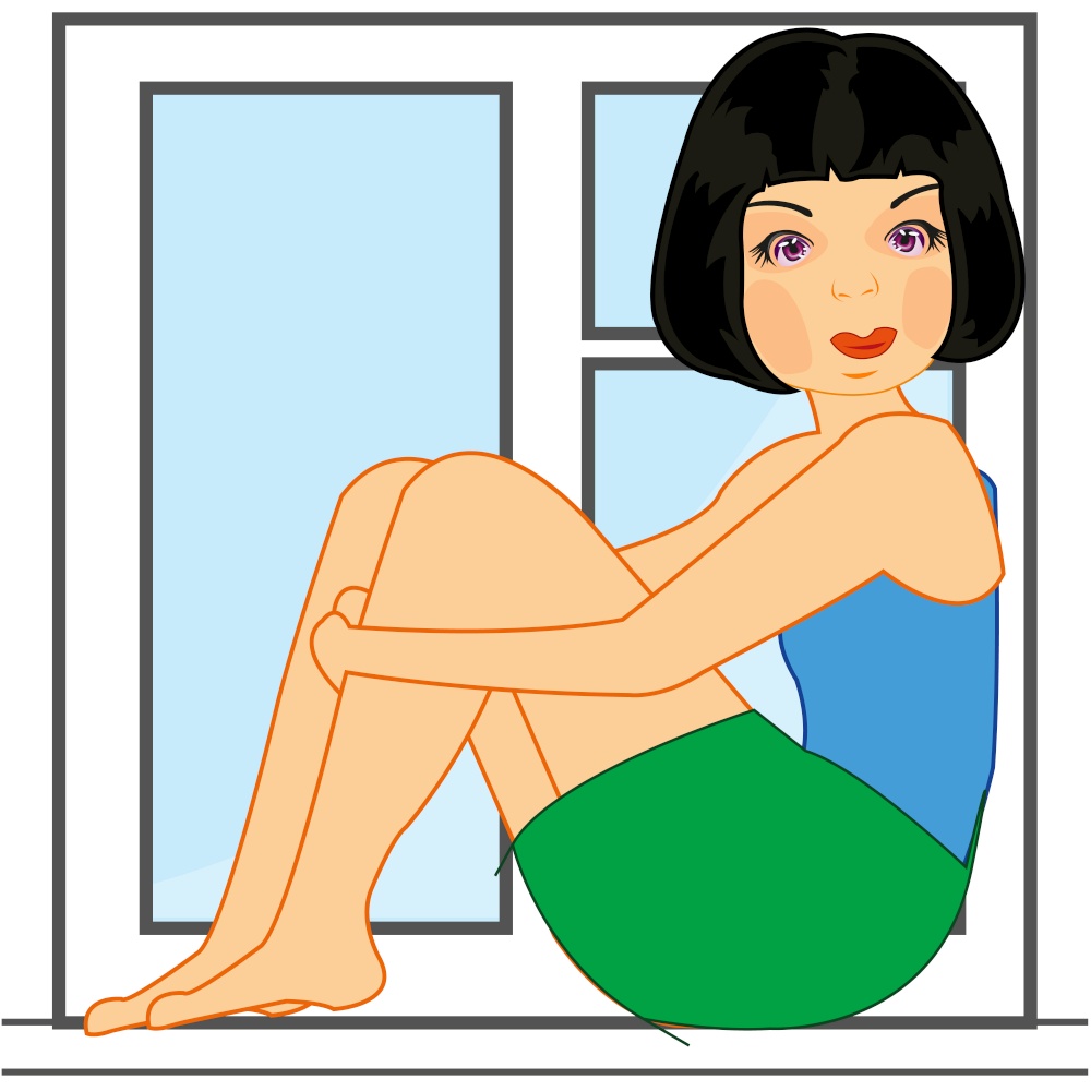 Vector illustration of the young attractive woman beside window. Making look younger girl sits beside window