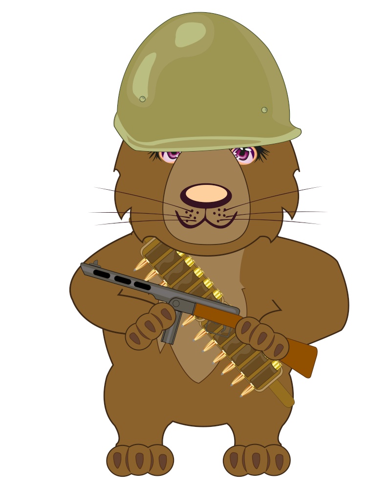 Vector illustration bear with weapon and patron in helmet. Cartoon bear with weapon and in helmet