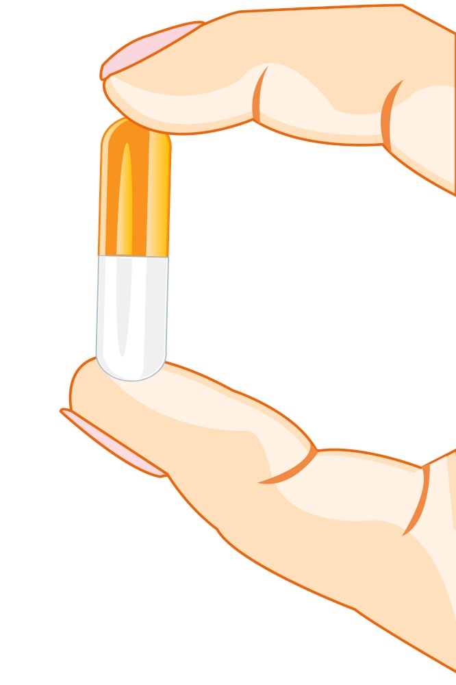 Finger of the person and tablet in the manner of capsules. Tablet capsule in hand of the person