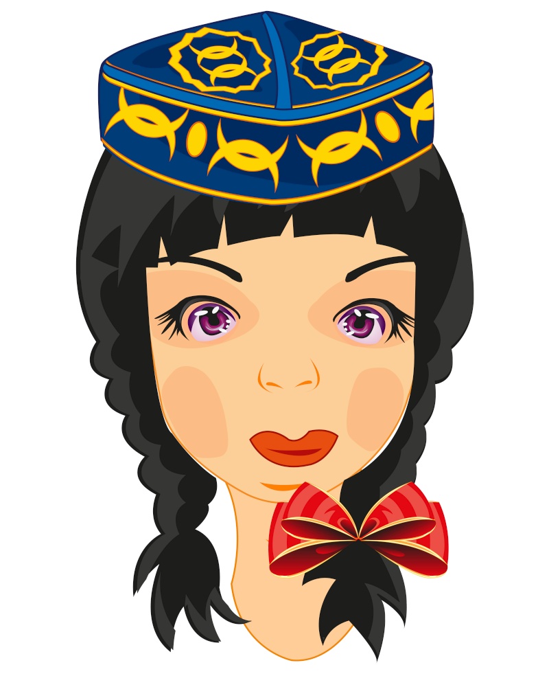 Vector illustration of the young girl in uzbek national headdress. Portrait of the young girl in national headdress