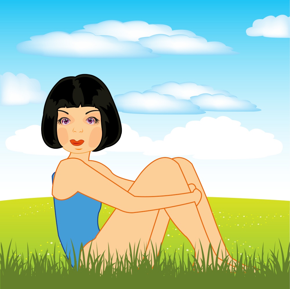 Making look younger girl reposes on green glade year daytime. Beautiful girl sits on green year glade