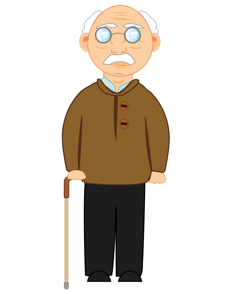 Vector illustration of the oldster with walking stick in hand. Elderly man with walking stick in hand