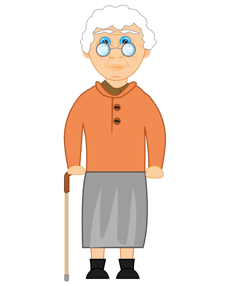 Vector illustration of the elderly women on white background is insulated. Grandmother bespectacled and with walking stick in hand