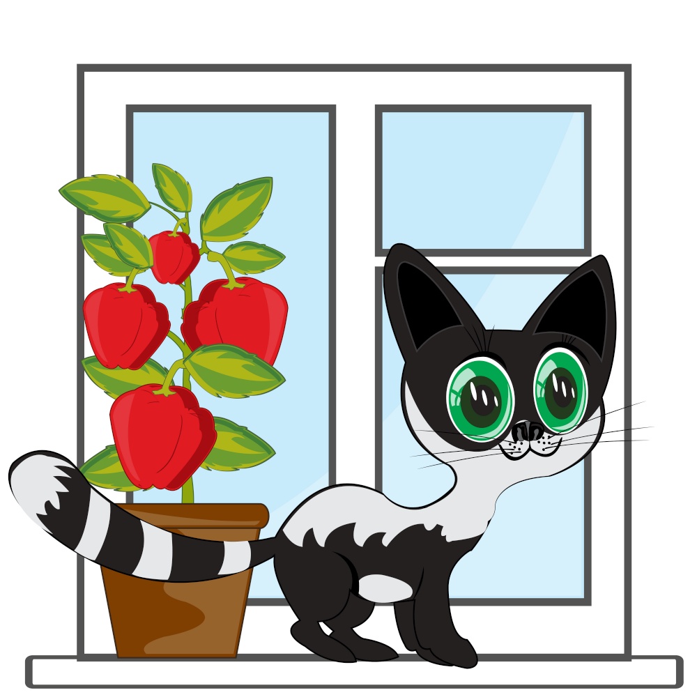 Cartoon of the black cat on window in room. Window in apartment and beautiful black cat
