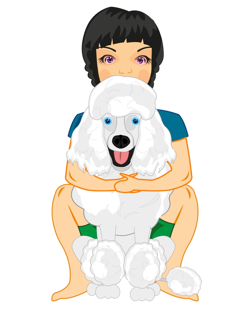 Vector illustration of the girl with its charge by dog of the sort poodle. Girl teenager with its loved dog by poodle