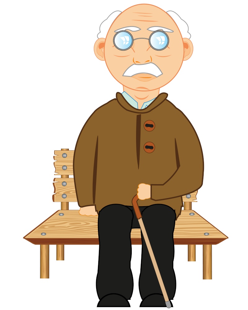 Elderly man sitting on wooden bench on white background is insulated. Grandparent sitting on bench with walking stick