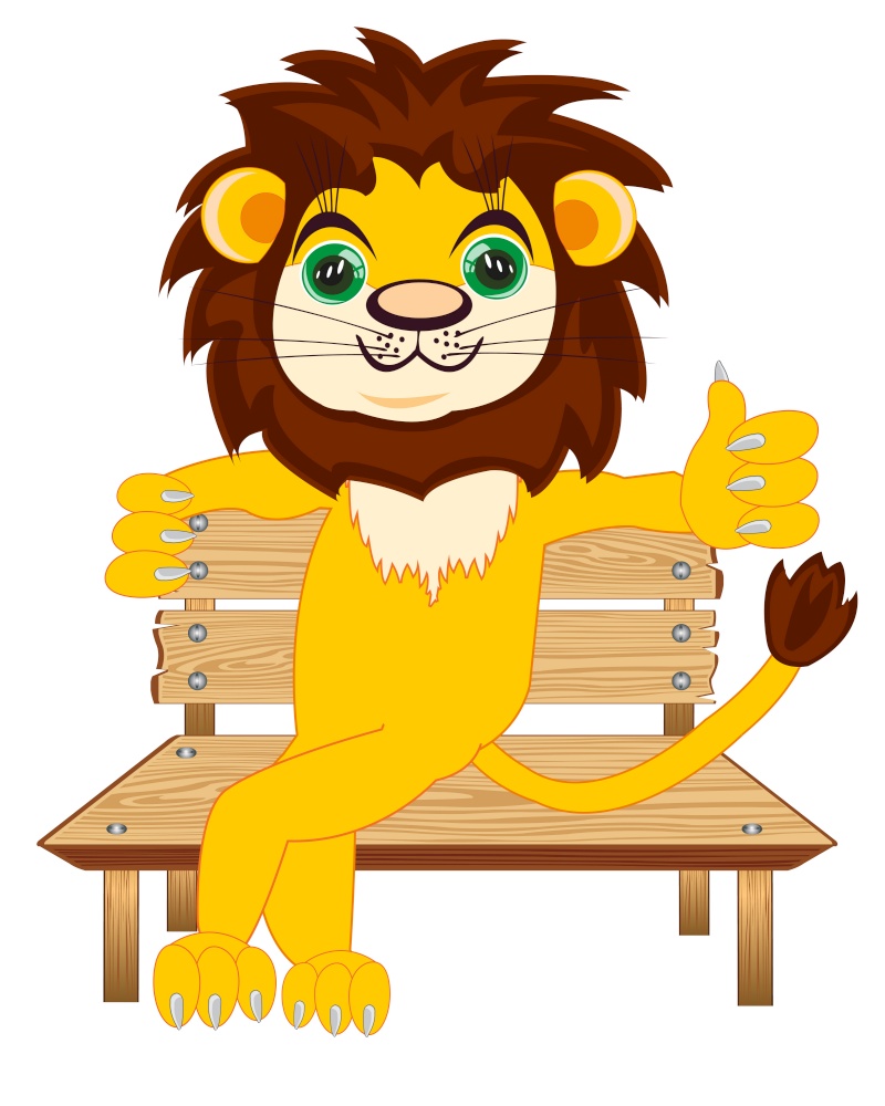 Animal lion sitting on bench on white background is insulated. Cartoon animal lion sitting on wooden bench