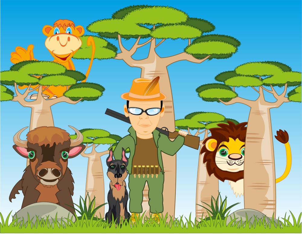 Cartoon of the huntsman with weapon and dog in wood with wildlifes. Huntsman with dog and wild animals in Africa