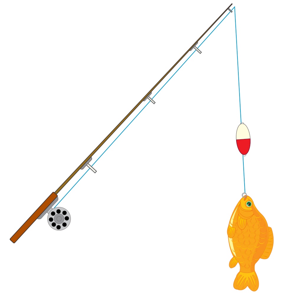 Fishing tackle with catch on white background is insulated. Fishing rod with caughted by fish on hook