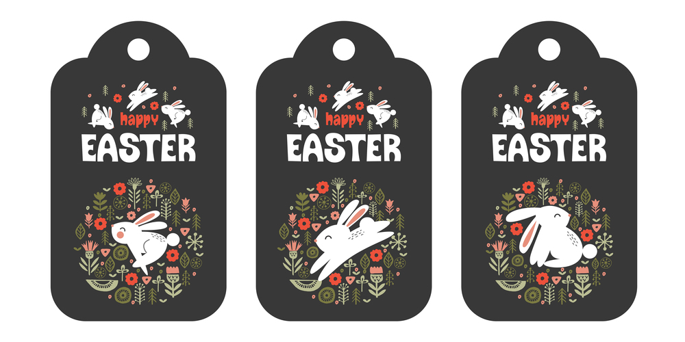 A set of three tags. happy Easter. Cute rabbits in a circular pattern of spring flowers. Vector illustration. Greeting card on a dark background.. A set of three tags. happy Easter. Cute rabbits in a circular pattern of spring flowers. Vector illustration.