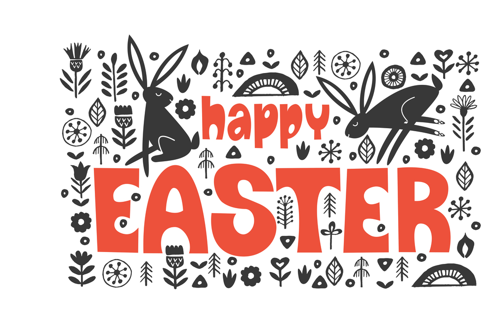 happy Easter. Greeting card, vector illustration. Black and white image with a bright greeting hand drawn inscription. Rabbits and spring flowers. Easter composition in folk style.. happy Easter. Black and white greeting card. Folk style.