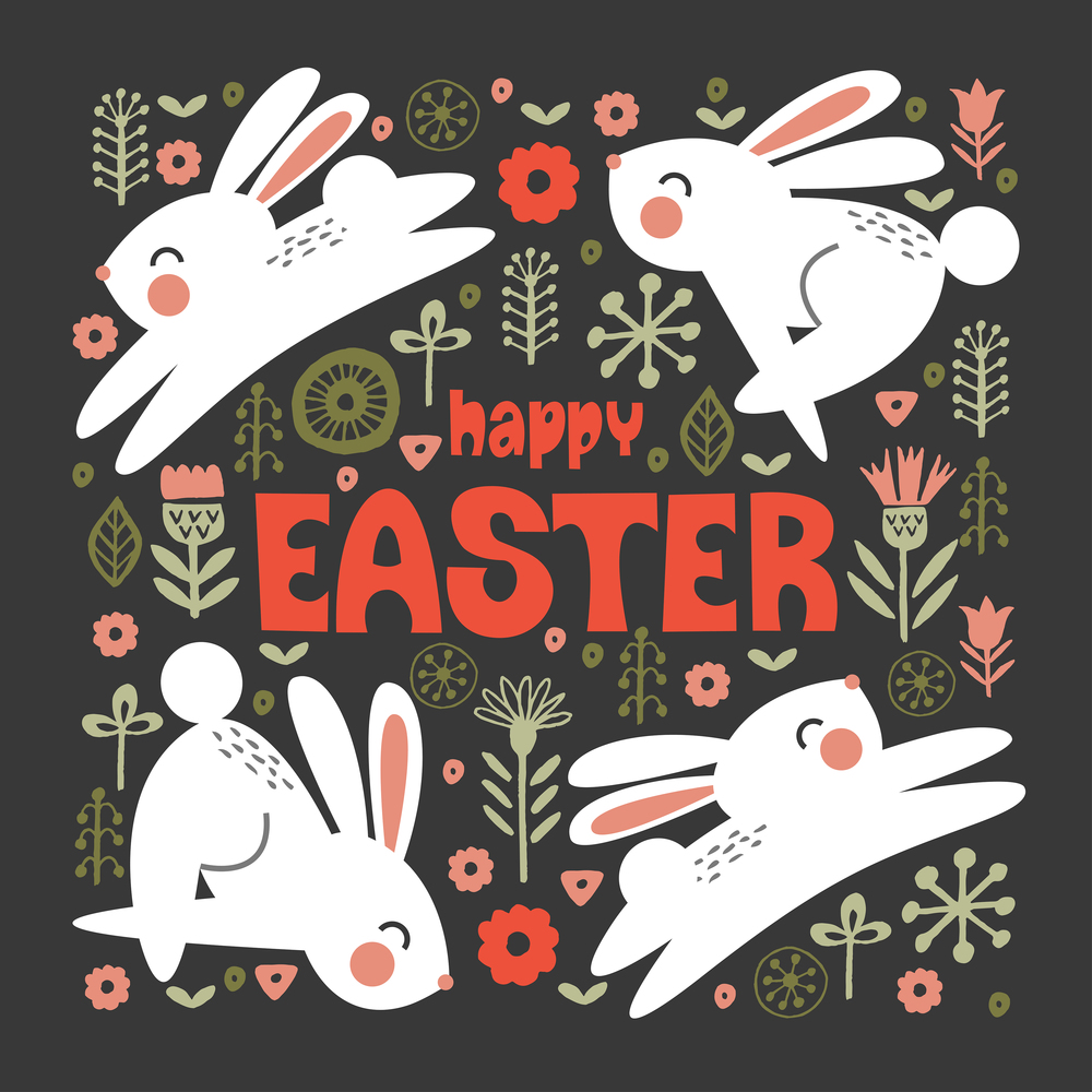 happy Easter. Greeting card, bright vector illustration on a dark background. White cute rabbits jump among the spring flowers.. happy Easter. Greeting card, vector illustration. White rabbits and spring flowers.