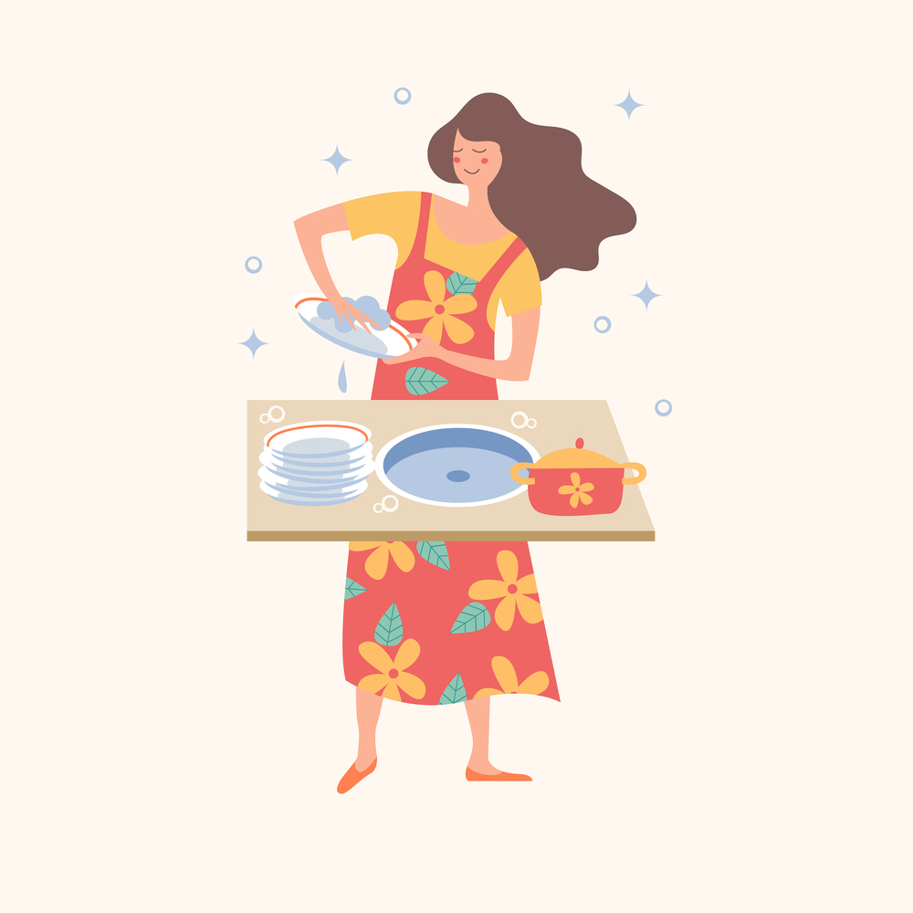 Homework. A cheerful girl in a colorful dress washes dishes. Vector illustration on a light background.. Homework. A girl washes dishes. Vector illustration.