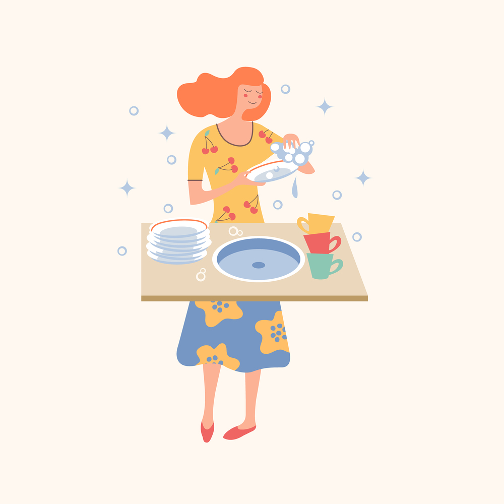 Homework. A cheerful girl in a colorful dress washes dishes. Vector illustration on a light background.. Homework. A girl washes dishes. Vector illustration.