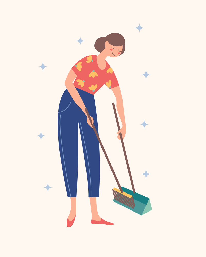 The girl sweeps the floor. Domestic work. Vector illustration on a light background.. The girl sweeps the floor. Domestic work. Vector illustration.
