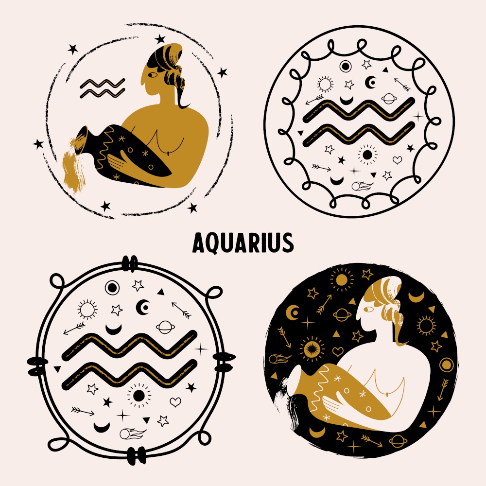 Horoscope and astrology. The zodiac sign Aquarius. Woman with a vase. The Aquarius woman. A set of round emblems. Vector illustration.. Horoscope and astrology. The zodiac sign Aquarius. Black and gold. Vector illustration in a flat style.