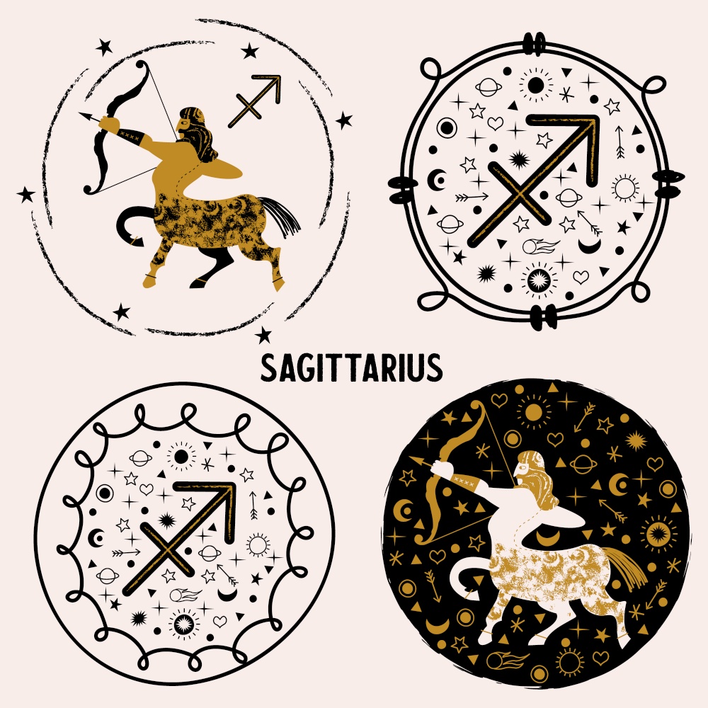 Sagittarius. constellation Sagittarius. A set of vector emblems.. Sagittarius. Zodiac sign. The centaur shoots a bow. Set of vector emblems.