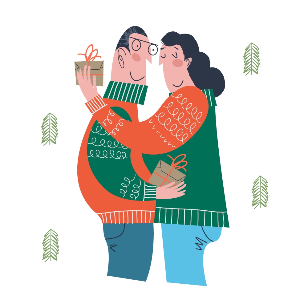 A man and a woman give gifts to each other. Christmas and new year gifts. Vector illustration in cartoon style on a white background.. A man and a woman give gifts to each other. Vector illustration.