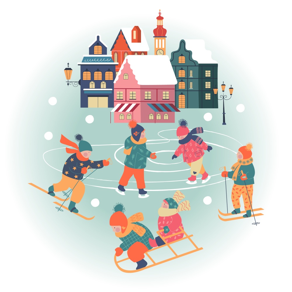 Snowy day in cozy christmas town. Winter christmas village day landscape. Children are skating, skiing, sledding, playing snowballs. Children play outside in winter. Vector illustration, greeting card.. Snowy day in cozy christmas town. Winter christmas village day landscape. Children play outside in winter. Vector illustration, greeting card.