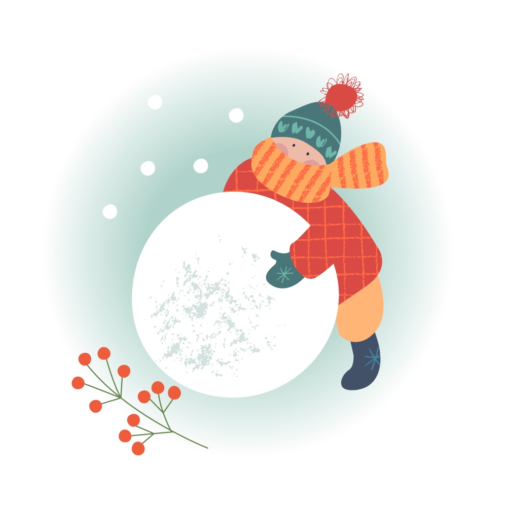 Snowy day. Winter christmas day landscape. Children make a snowman. Children play outside in winter. Vector illustration, greeting card.. Winter season background kids characters. Flat vector illustration. Winter outdoor activities. Children  have fun.