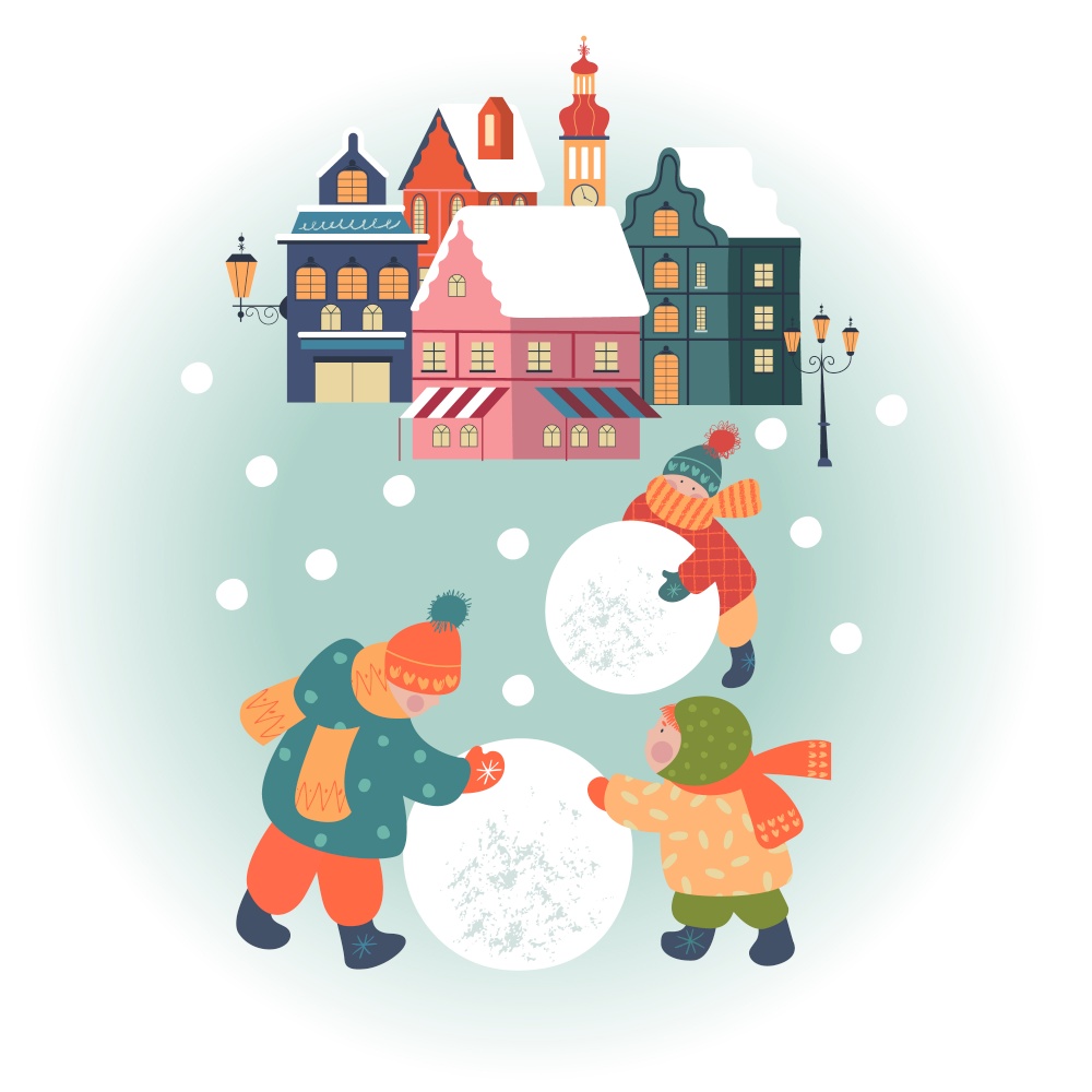 Snowy day in cozy christmas town. Winter christmas village day landscape. Children make a snowman. Children play outside in winter. Vector illustration, greeting card.. Snowy day in cozy christmas town. Winter christmas village day landscape. Children play outside in winter. Vector illustration, greeting card.