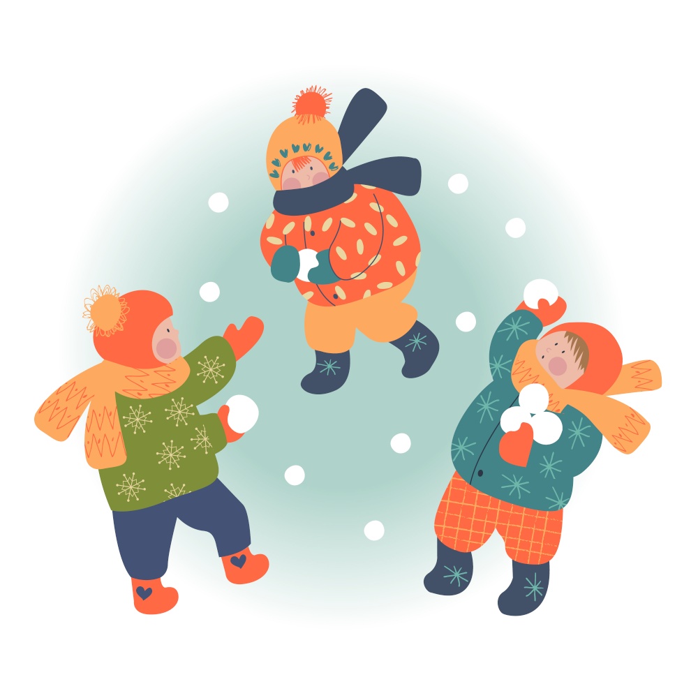 Snowy day. Winter christmas day landscape. Children playing in the snowball. Children play outside in winter. Vector illustration, greeting card.. Winter season background kids characters. Flat vector illustration. Winter outdoor activities. Children  have fun.