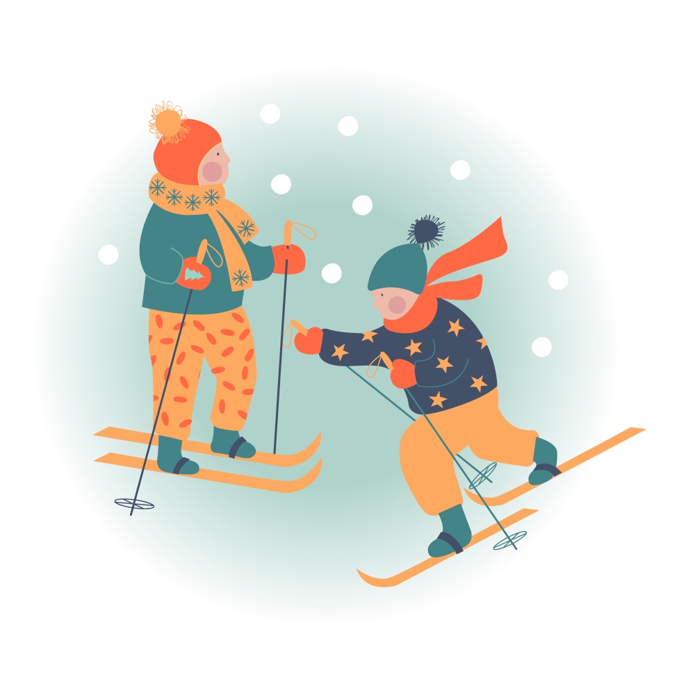 Snowy day. Winter christmas day landscape. Children go skiing. Children play outside in winter. Vector illustration, greeting card.. Winter season background kids characters. Flat vector illustration. Winter outdoor activities. Children  have fun.