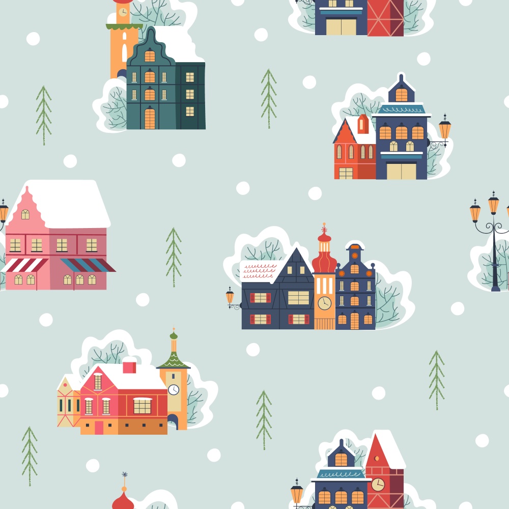 Seamless pattern. Snowy day in cozy christmas town. Winter christmas village day landscape. Snow covered houses, snowdrifts, fir trees. Vector illustrati. Seamless pattern. Snowy day in cozy christmas town. Winter christmas village day landscape. Vector illustration.