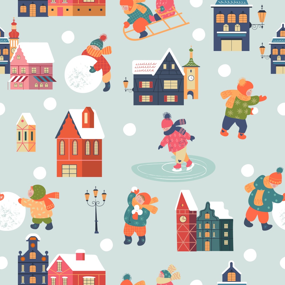 Seamless pattern. Snowy day in cozy christmas town. Winter christmas village day landscape. Children make a snowman, go skiing, playing in the snow. Children play outside in winter. Vector illustration, greeting card.. Seamless pattern. Snowy day in cozy christmas town. Winter christmas village day landscape. Children play outside in winter. Vector illustration, greeting card.