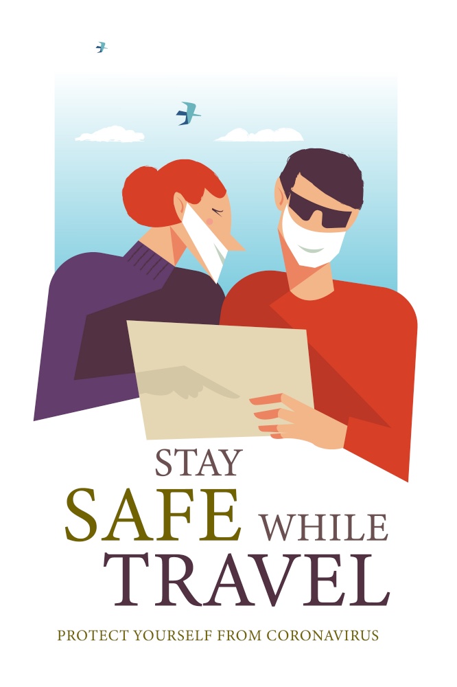 Stay safe while traveling. Vector poster encouraging people to wear masks. Traveling in medical masks, a couple looks at a map of the area.. Stay safe while traveling. Vector poster encouraging people to wear masks.