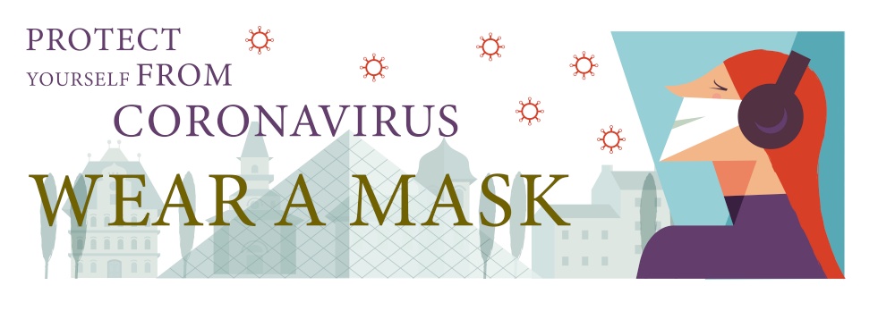 The girl in the medical mask. Please put on your mask. Vector poster encouraging people to wear masks during the coronavirus pandemic.. Please put on your mask. Vector poster encouraging people to wear masks during the coronavirus pandemic.