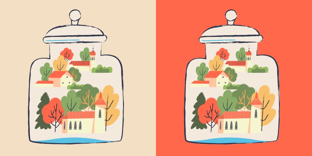 A small village in a glass jar. Houses, trees. Vector illustration.. A small village in a glass jar. Vector illustration.