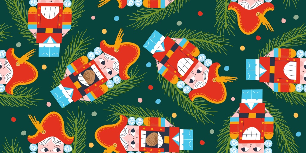 Seamless Christmas magic pattern. The Christmas tree is decorated with vintage Nutcracker toys. Vector illustration.. Vector Christmas seamless pattern with Nutcracker and Christmas tree.