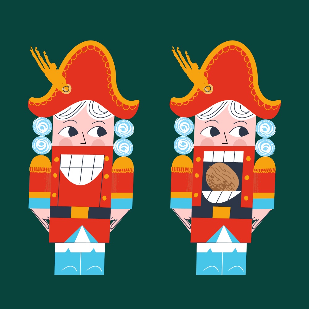 The Nutcracker smiles. Nutcracker with a nut in his mouth. Christmas wooden toy. Vector illustration.. Nutcracker. Christmas tree decoration. Vector illustration.