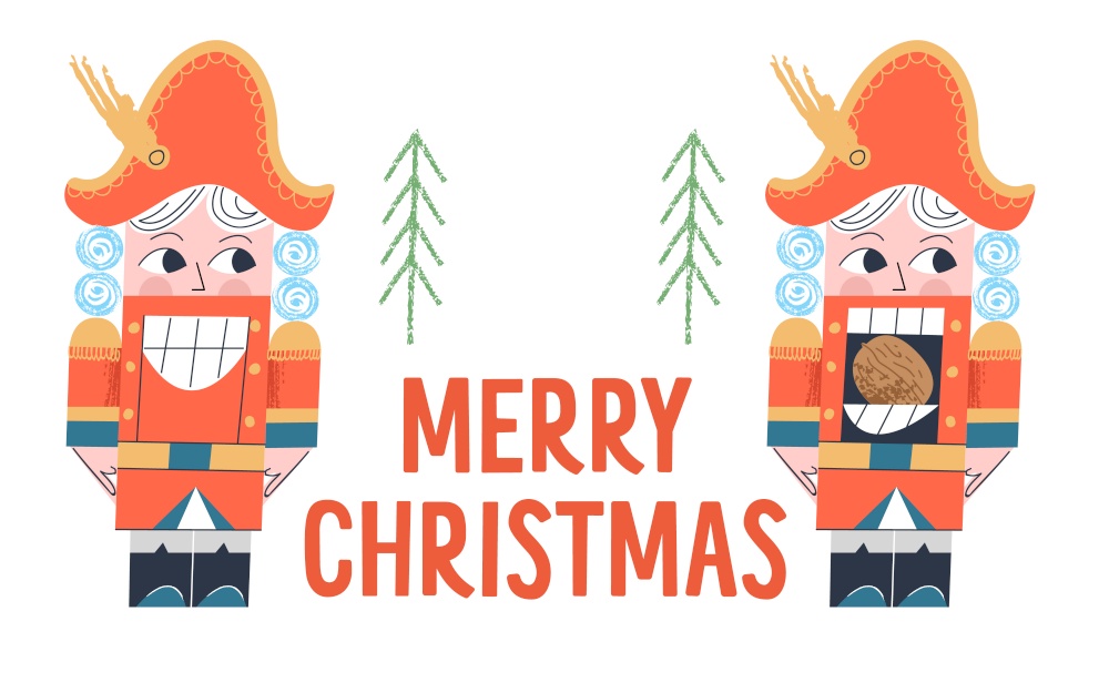 Merry Christmas. The Nutcracker smiles. Nutcracker with a nut in his mouth. Christmas wooden toy. Vector illustration, greeting card, banner.. Nutcracker. Christmas tree decoration. Vector illustration.