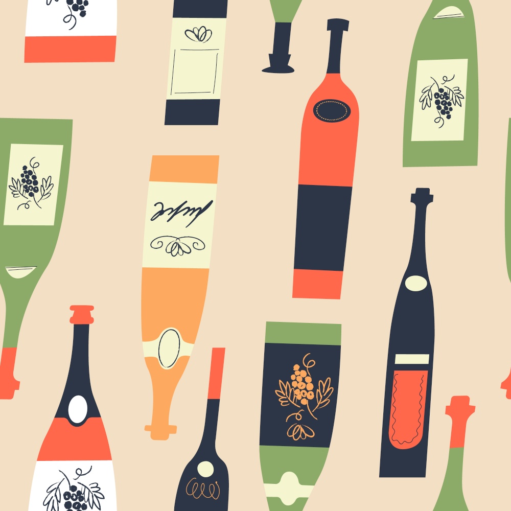 Seamless pattern of wine different wine bottles. Vector illustration on a light yellow background.. Seamless pattern of wine bottles. Vector illustration.