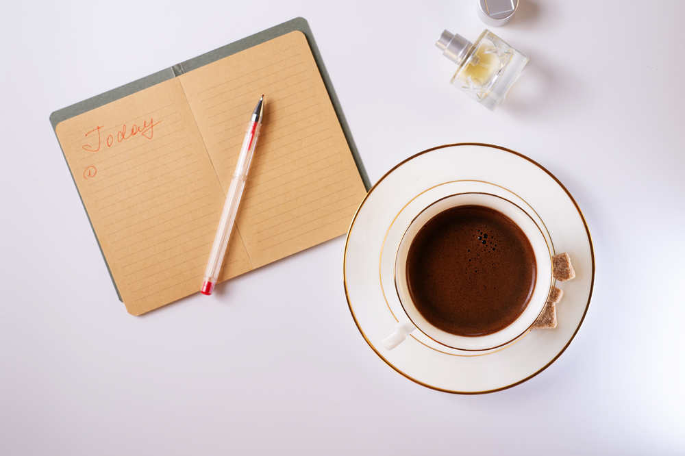 cup of coffee with diary, and care cosmetics  around white background. life style flat lay