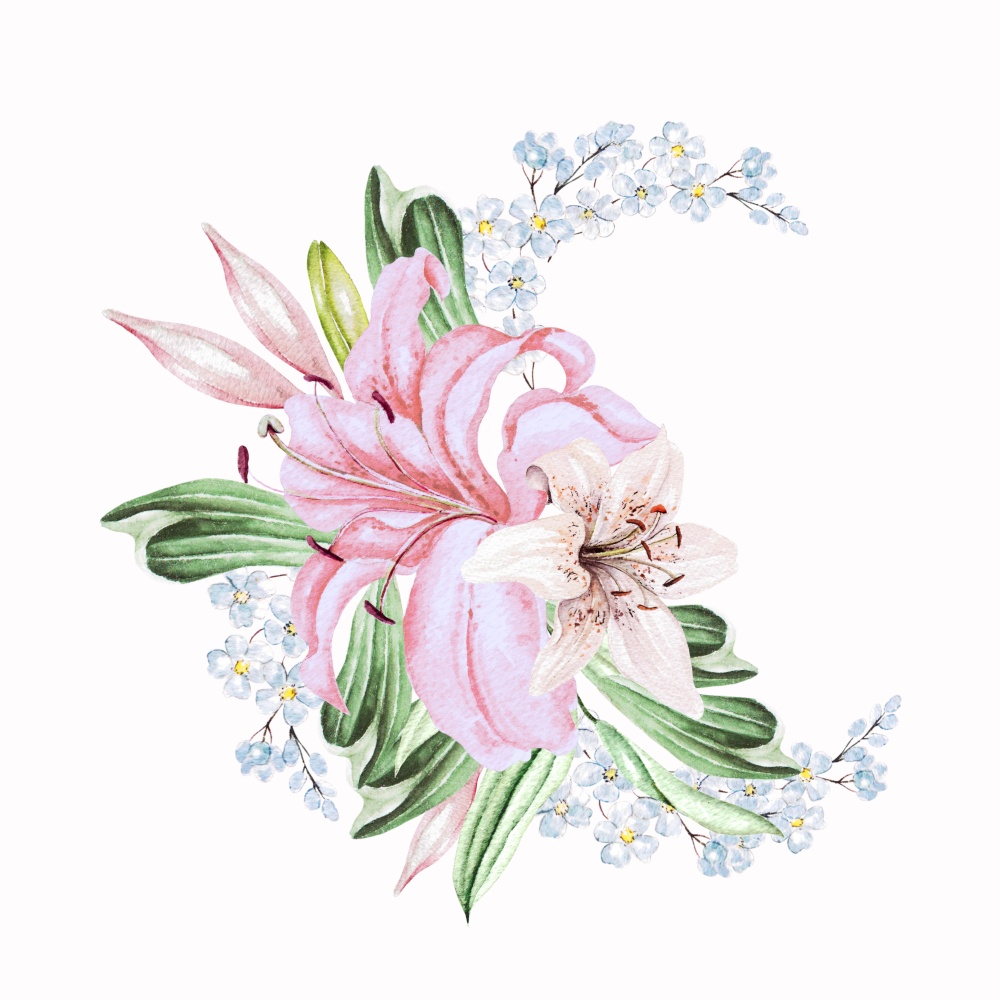 Watercolor bouquet  with lily flowers, buds and leaves. Illustration. Watercolor bouquet  with lily flowers, buds and leaves.