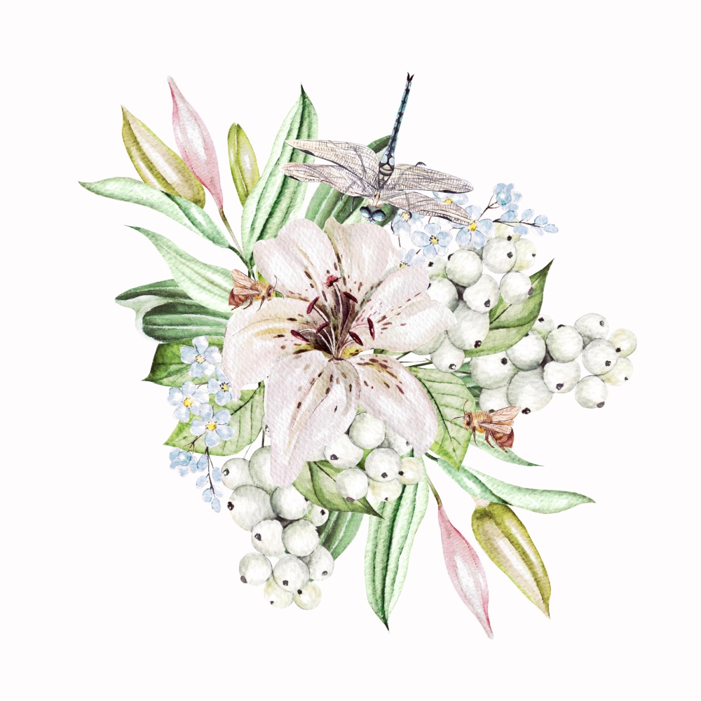 Watercolor bouquet  with lily flowers, buds and leaves. Illustration. Watercolor bouquet  with lily flowers, buds and leaves.