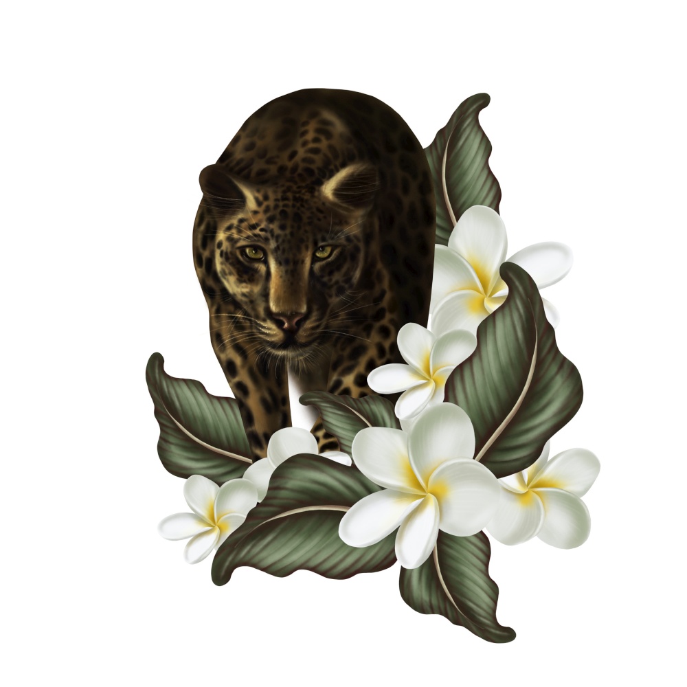 Beautiful digital card with tropical leaves, plumeria flowers and animal leopard. Illustration. Beautiful digital card with tropical leaves, plumeria flowers and animal leopard.