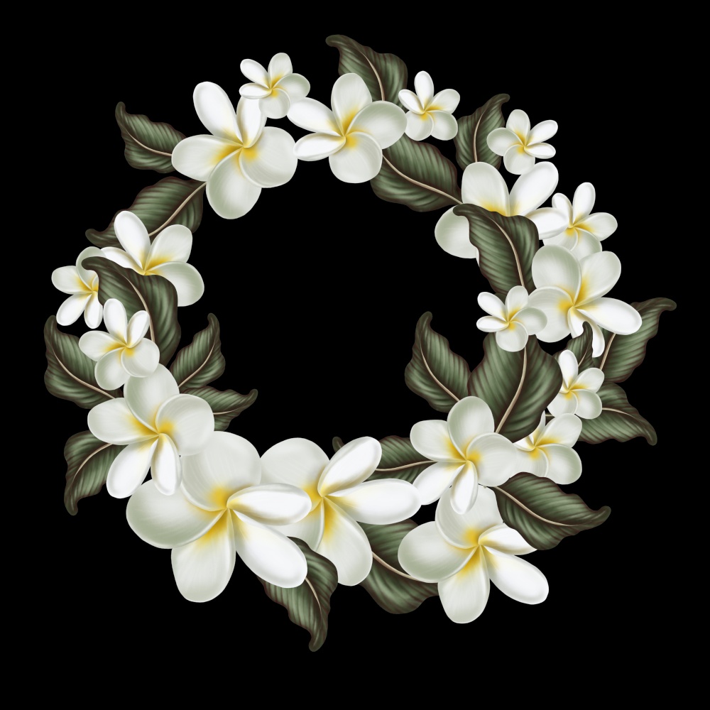 Beautiful digital wreath with tropical leaves and plumeria flowers.  Illustration. Beautiful digital wreath with tropical leaves and plumeria flowers.
