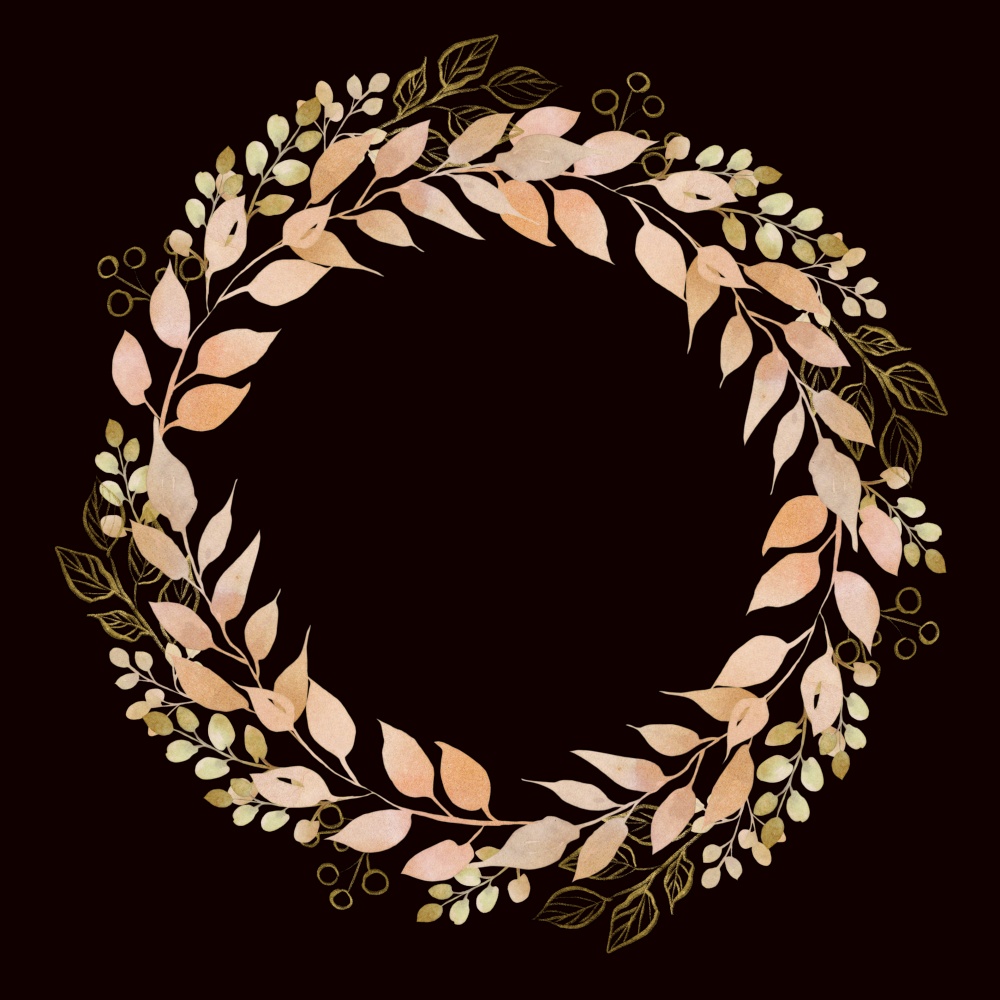 Watercolor autumn wreath with leaves and gold elements. Illustration. Watercolor autumn wreath with leaves and gold elements.