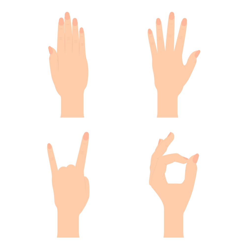 Set of Naturalistic Silhouettes of hands that show OK, stop, cool, open hand with flexion of the fingers. Vector Illustration. EPS10. Set of Naturalistic Silhouettes of hands that show OK, stop, cool, open hand with flexion of the fingers. Vector Illustration