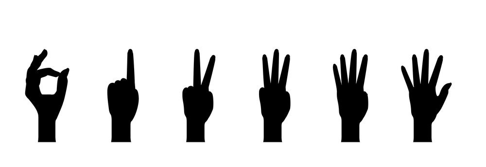Set of Hand Silhouettes that show the numbers 0, 1, 2, 3, 4, 5 with flexion of the fingers. Vector Illustraion. EPS10. Set of Hand Silhouettes that show the numbers 0, 1, 2, 3, 4, 5 with flexion of the fingers. Vector Illustraion