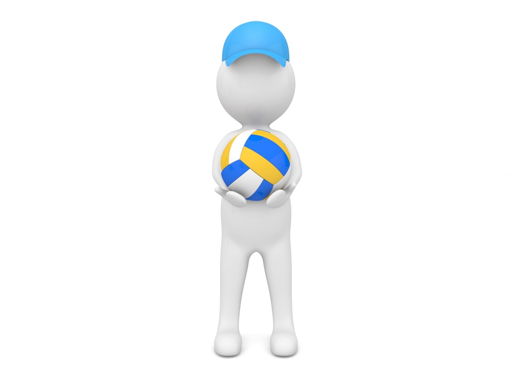 3d character with a volleyball on a white background. 3d render illustration.. 3d character with a volleyball on a white background.