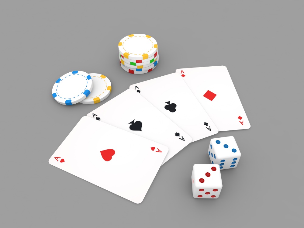 Playing cards, chips, dice, on a gray background. 3d render illustration.. Playing cards, chips, dice, on a gray background.