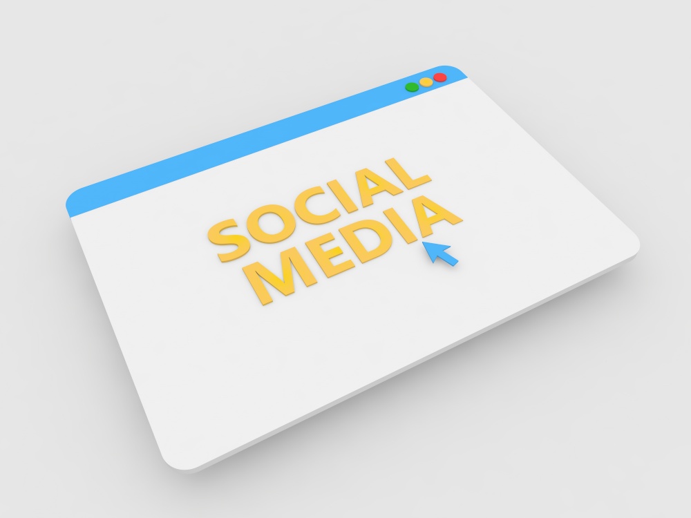 Social media page of internet browser on gray background. 3d render illustration.. Social media page of internet browser on gray background.