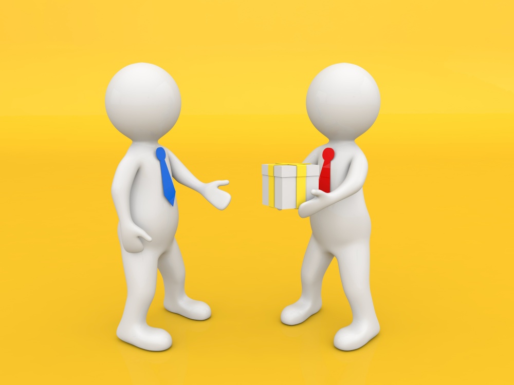 A man gives a box with a gift on a yellow background. 3d render illustration.. A man gives a box with a gift on a yellow background.
