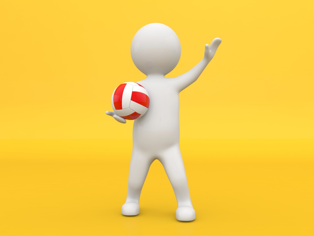 3d character with a volleyball on a yellow background. 3d render illustration.. 3d character with a volleyball on a yellow background.